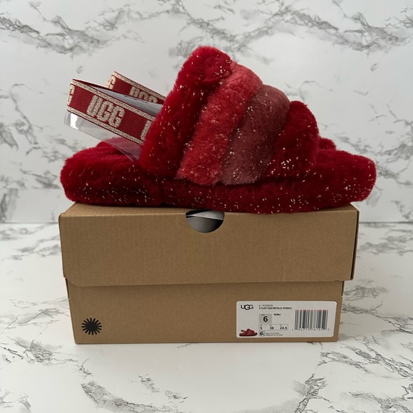UGG Fluff Yeah Slingback Slippers Slides Red and Gold Glitter - Picture 7 of 10